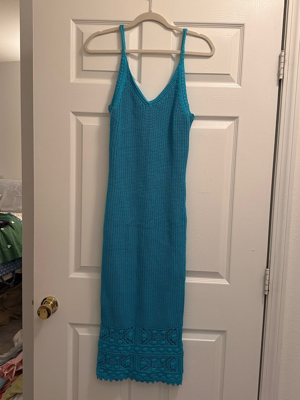 Turquoise Crochet Midi Dress with V-Neck